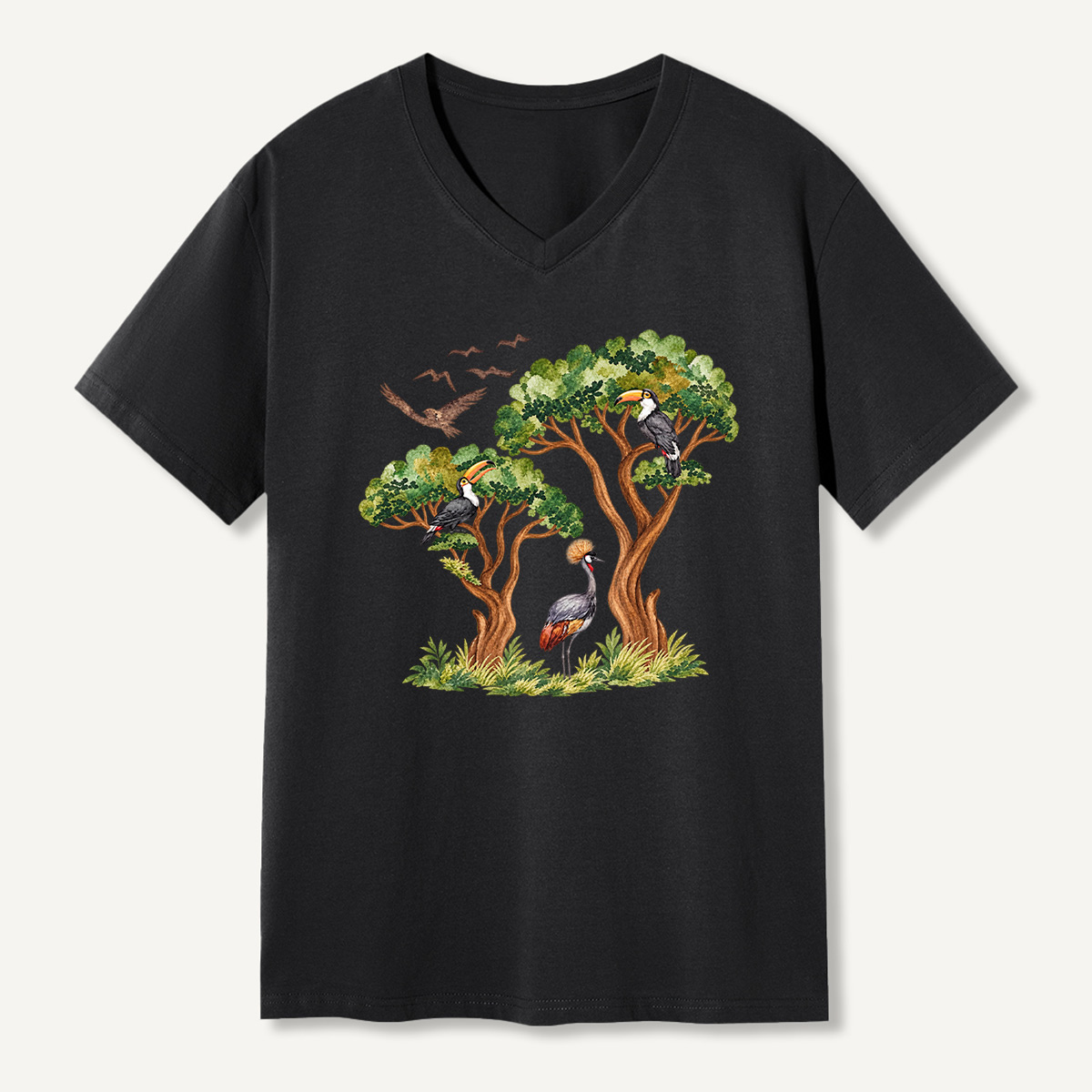Tropical Toucan And Crowned Crane Forest V-neck T-Shirt