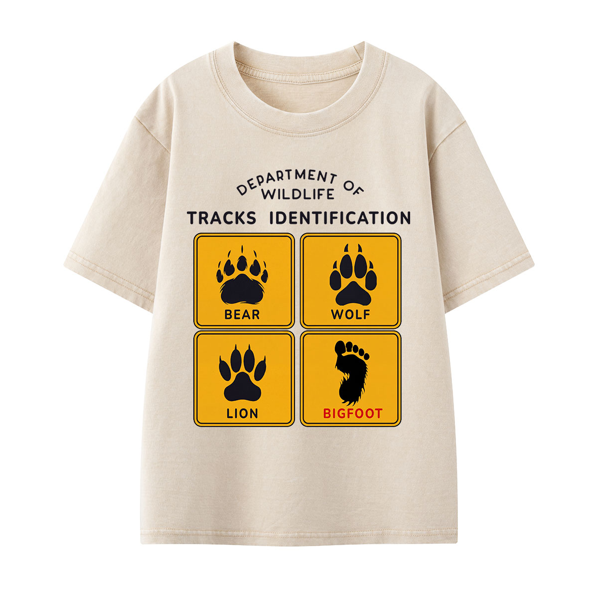 Department of Wildlife Tracks Identification Bear Wolf Lion Cryptids Kids Washed T-Shirt