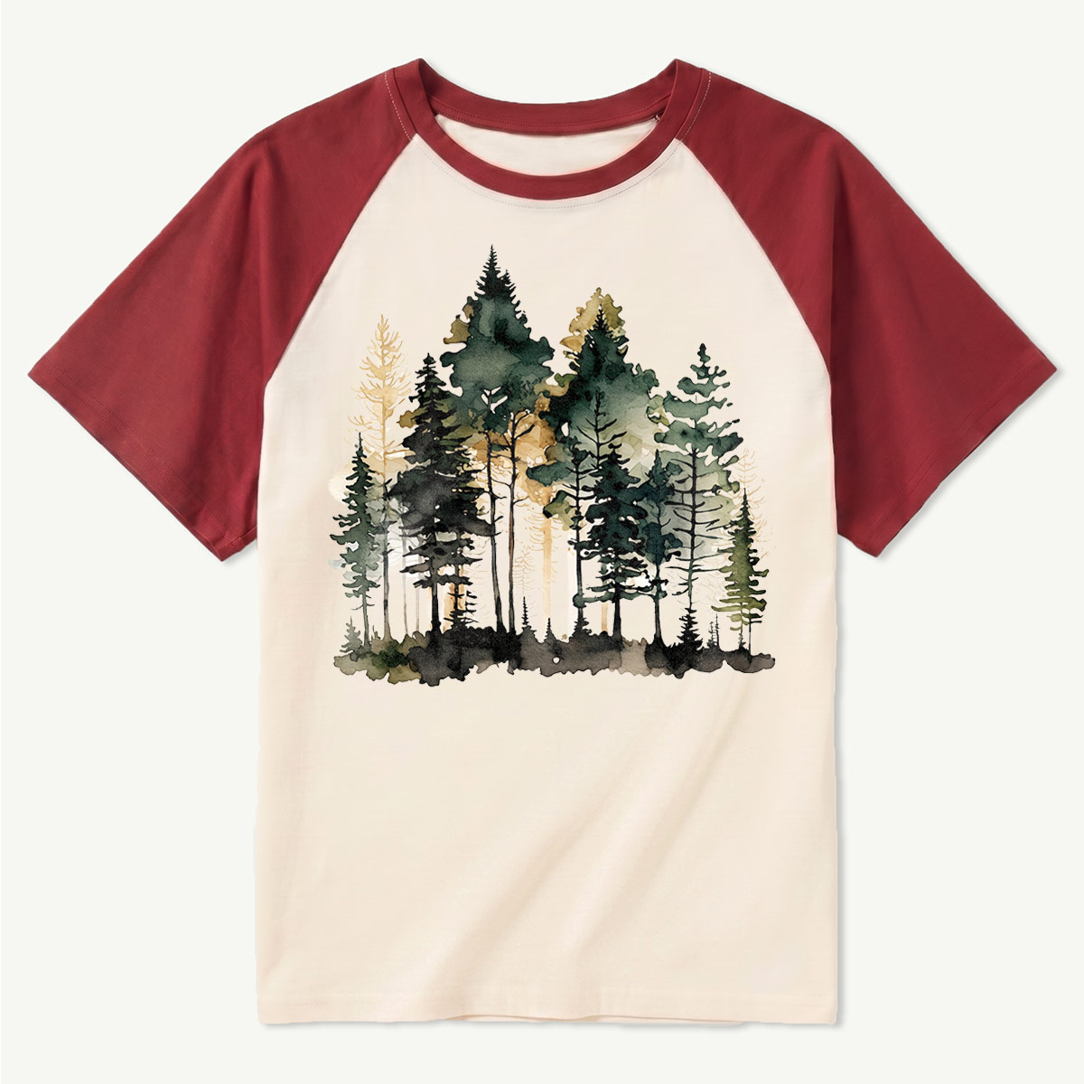 Watercolor Pine Forest Landscape Raglan T-Shirt