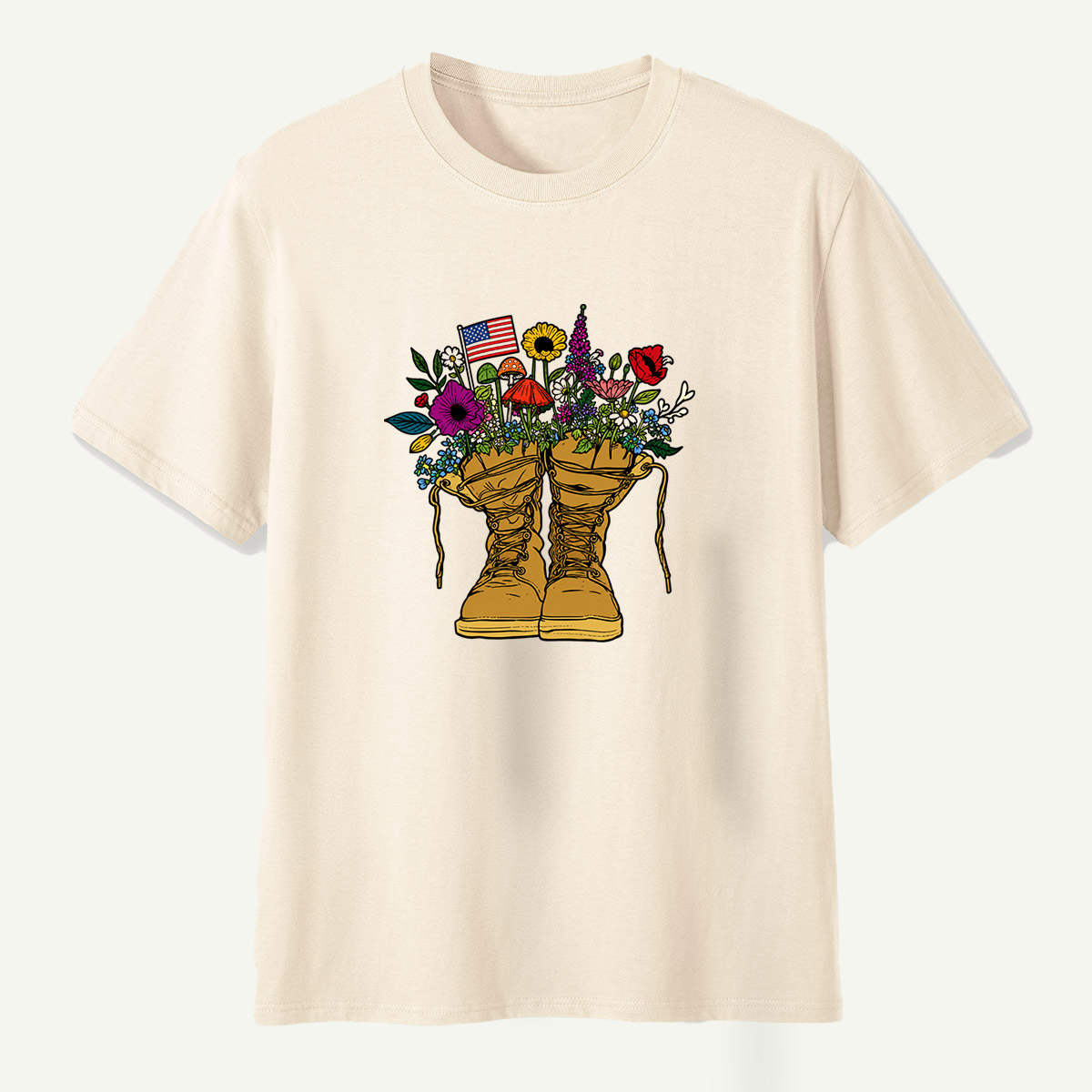 American Flag Combat Boots Wildflower Mushroom Garden T-Shirt