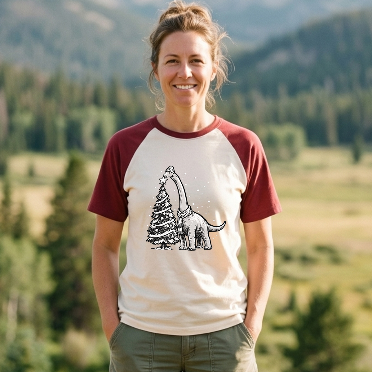 Cozy Long Neck Dinosaur Decorating Christmas Tree Raglan T-Shirt