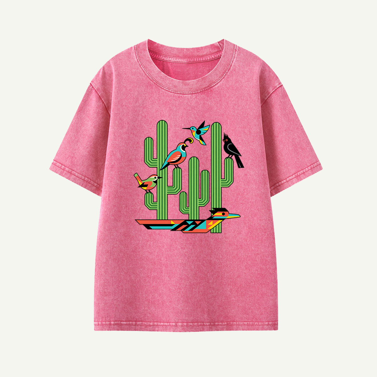 Geometric Desert Birds And Cactus Illustration Kids Washed T-Shirt