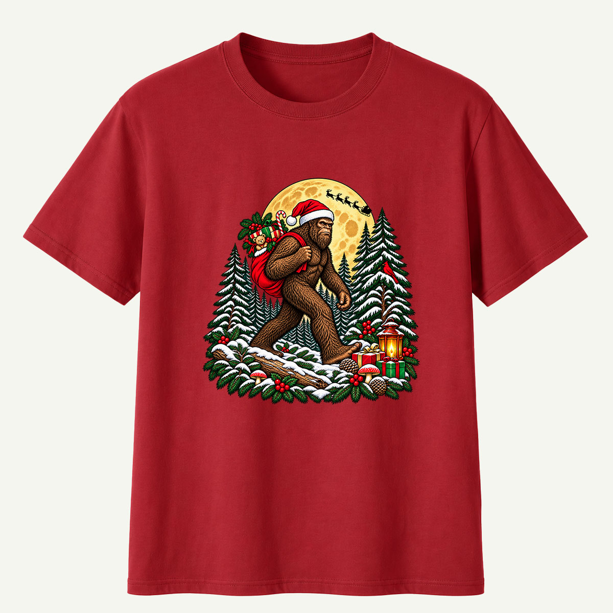 Christmas Bigfoot Santa Gift Delivery In Snowy Forest T-Shirt