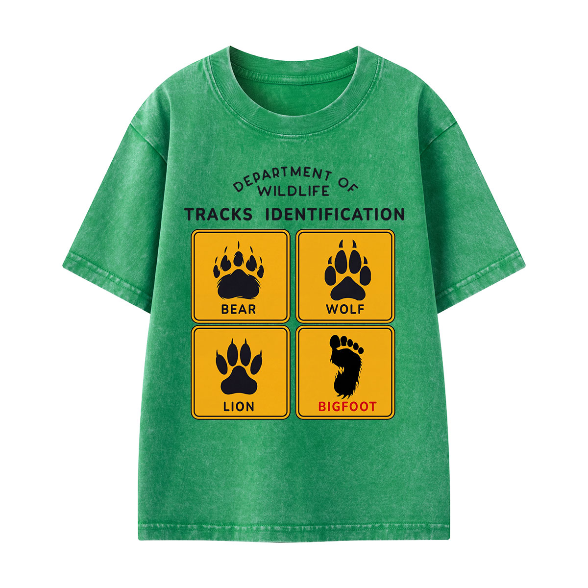 Department of Wildlife Tracks Identification Bear Wolf Lion Cryptids Kids Washed T-Shirt