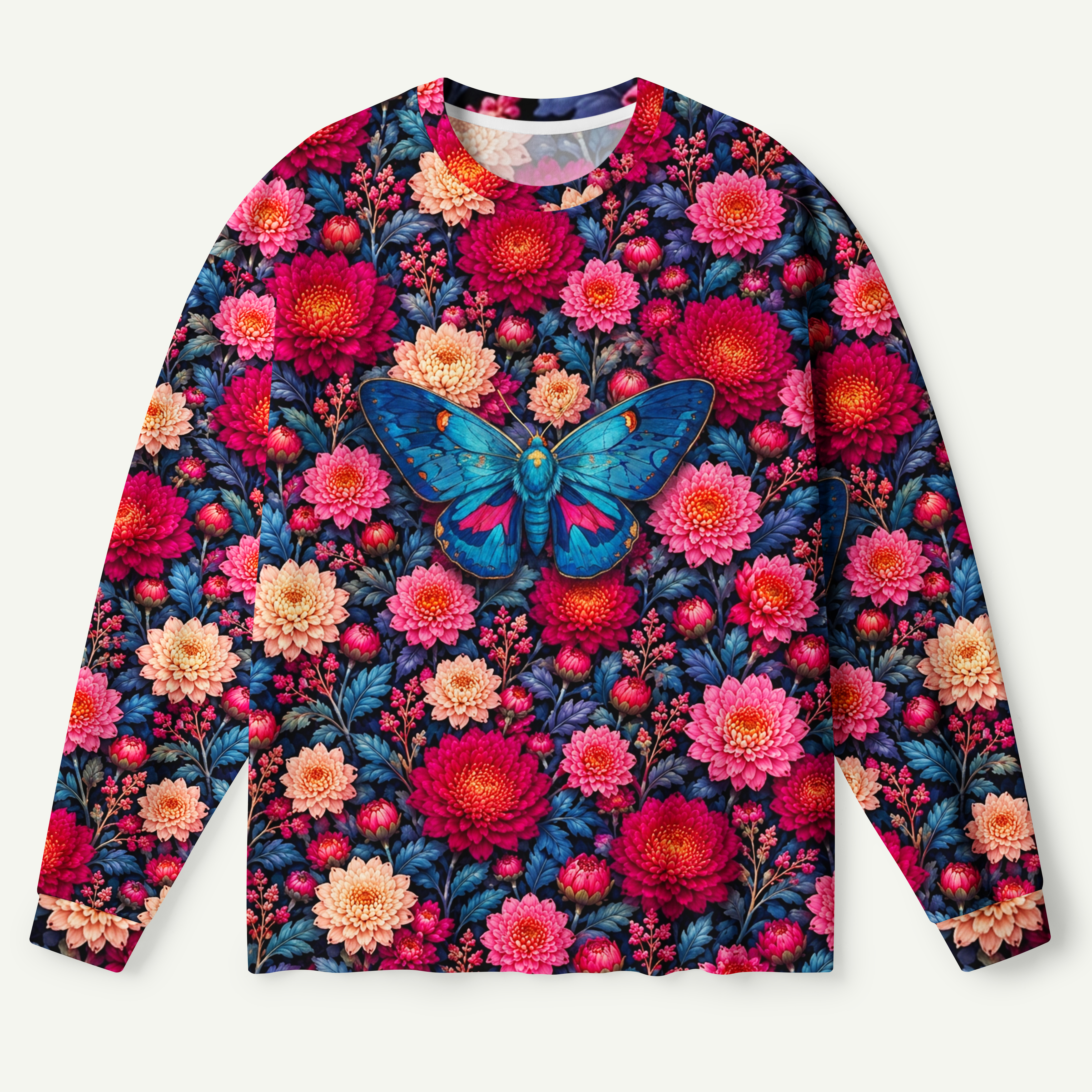 Blue Moth And Chrysanthemum Floral Garden Premium Pure Cotton Long Sleeves