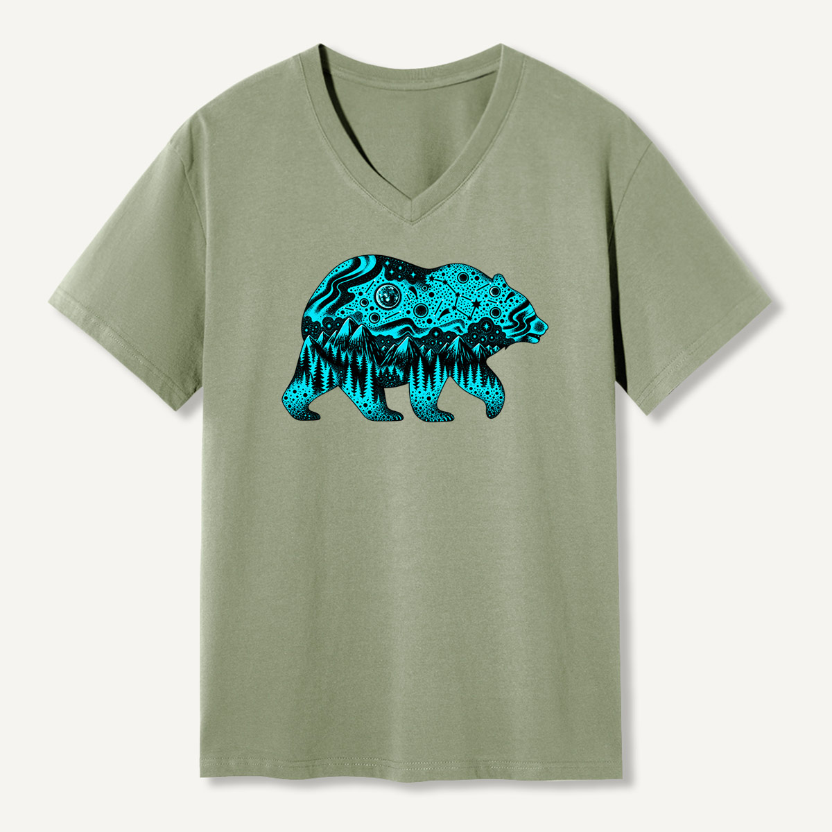 Cosmic Bear Mountain Forest Night Sky Art V-neck T-Shirt