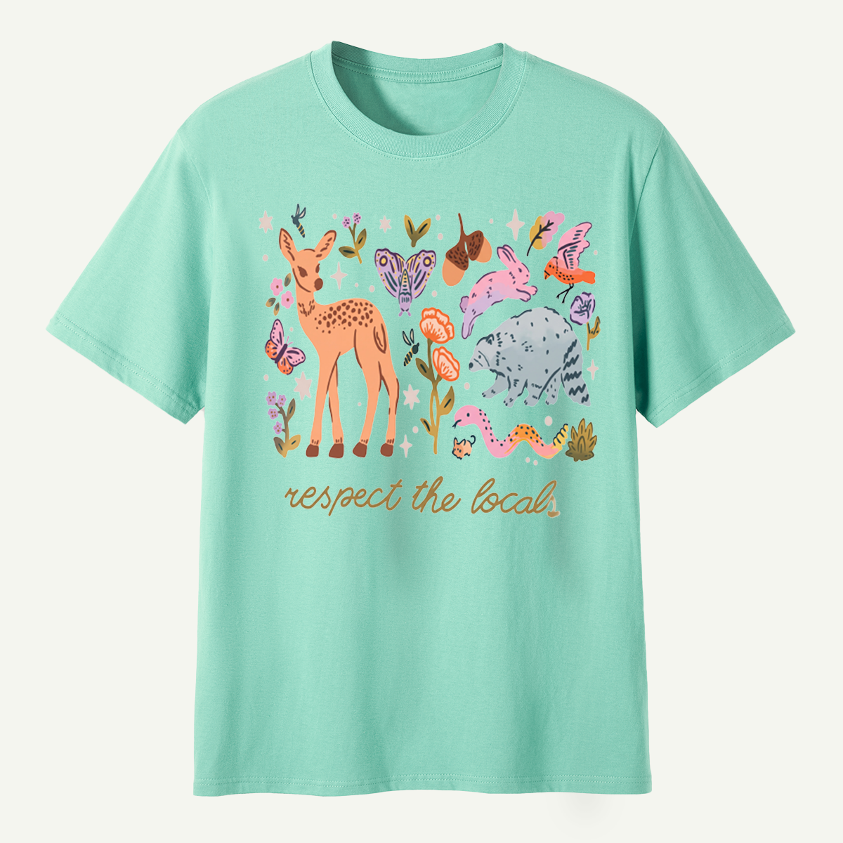 espect The Locals Woodland Wildlife Deer Rabbit Raccoon And Butterfly T-Shirt