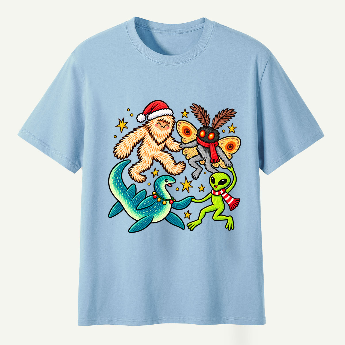 Christmas Cryptid Party Bigfoot Mothman Nessie And Alien T-Shirt