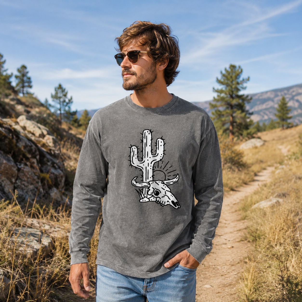 Longhorn Skull by the Cactus Washed Long Sleeves