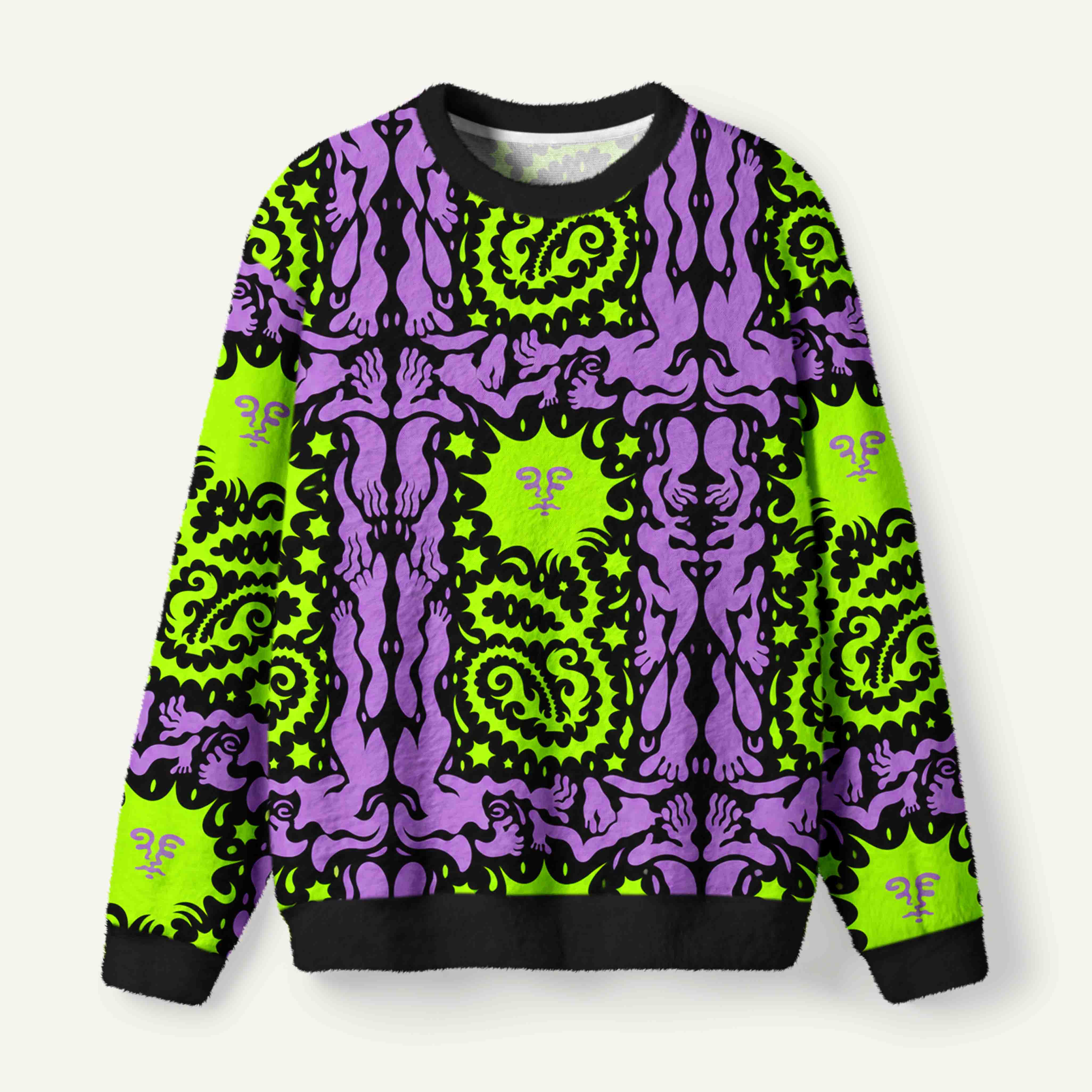 Psychedelic Purple Figures And Neon Green Abstract Doodles Ugly Fuzzy Fleece Sweatshirt