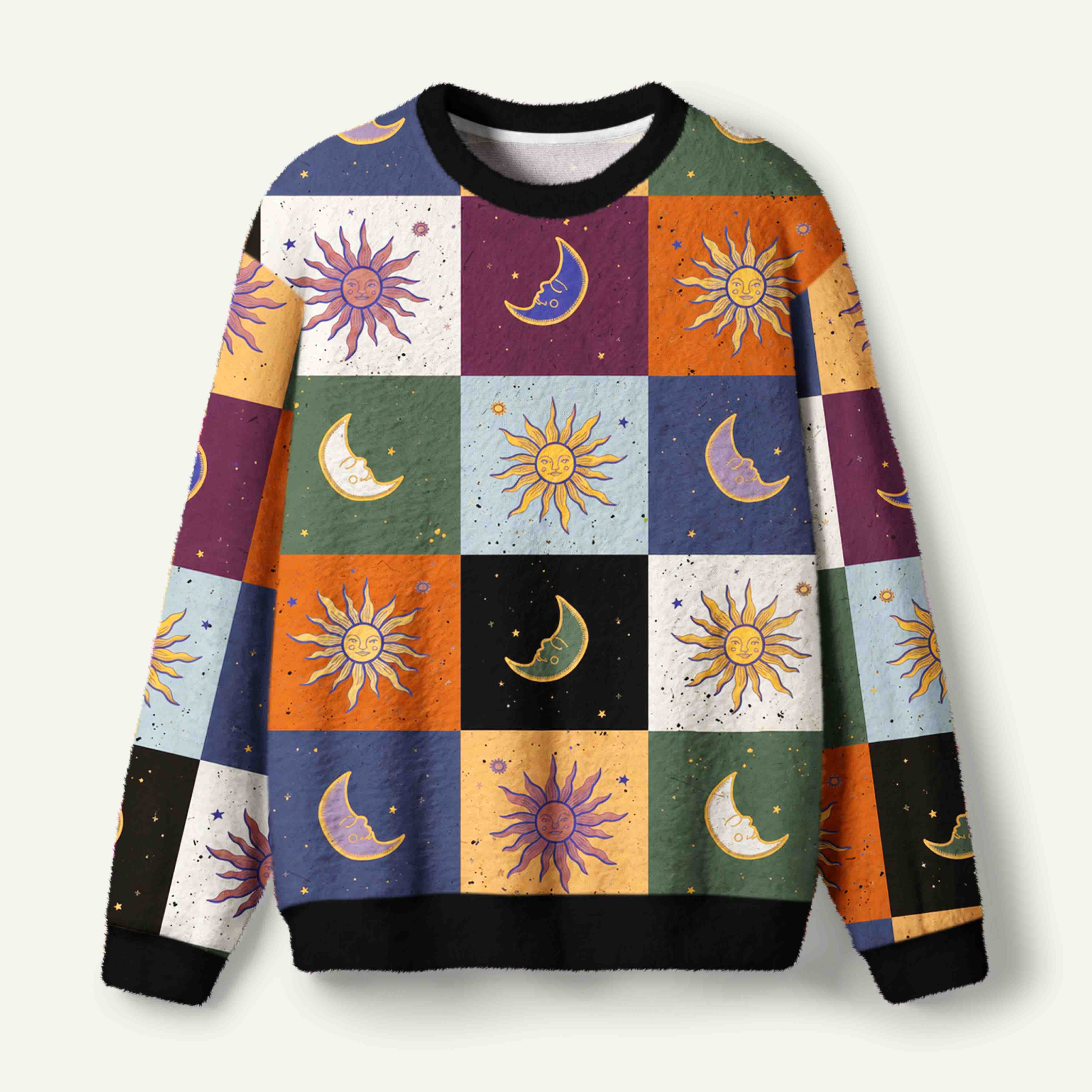 Retro Celestial Sun And Crescent Moon Checkerboard Ugly Fuzzy Fleece Sweatshirt