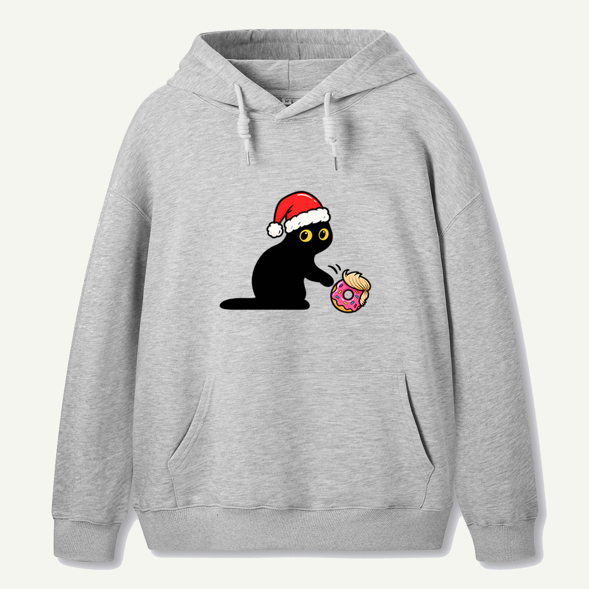 Mischievous Black Cat In Santa Hat Playing With Pink Donut Hoodie