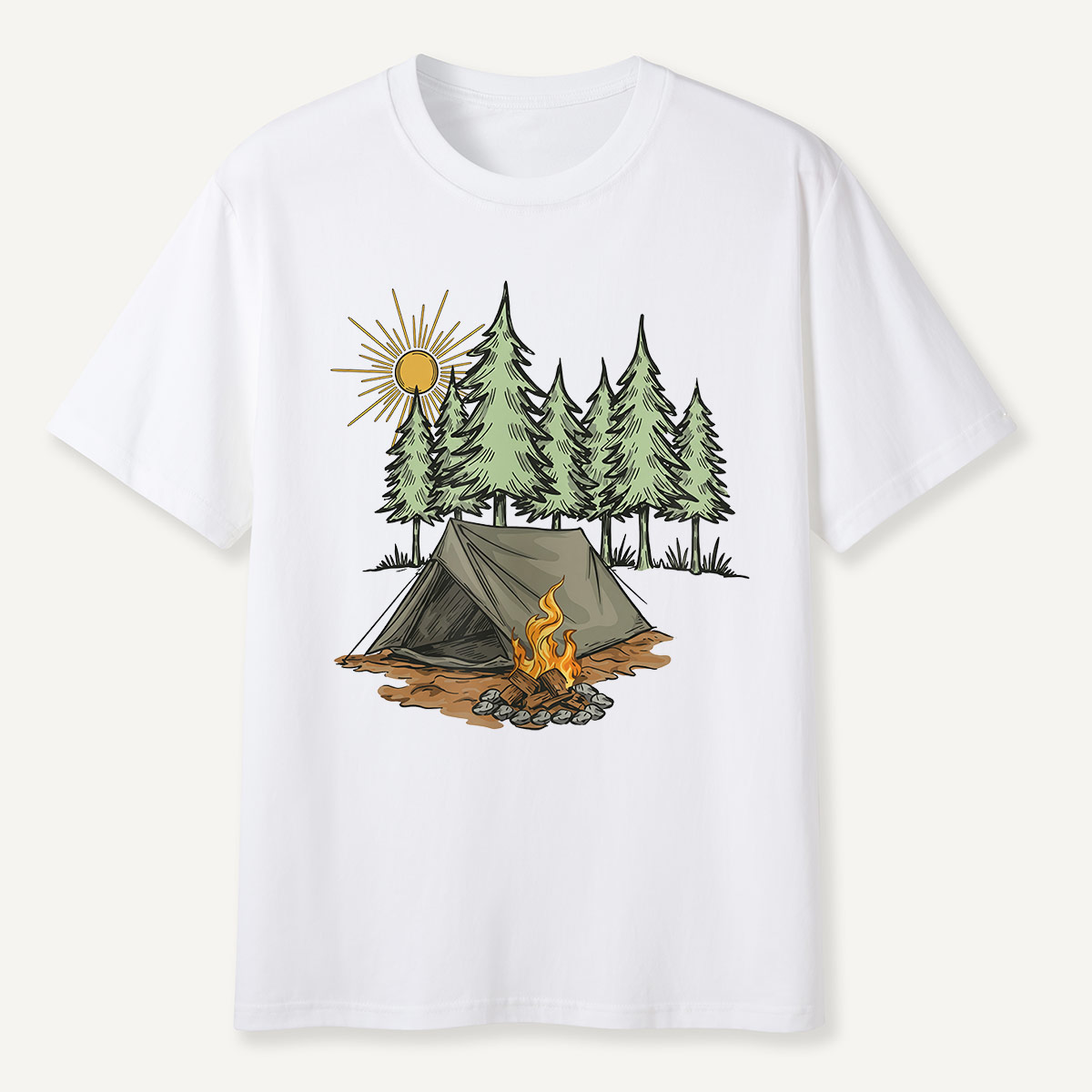 Sunny Forest Tent Campfire Illustration T-Shirt