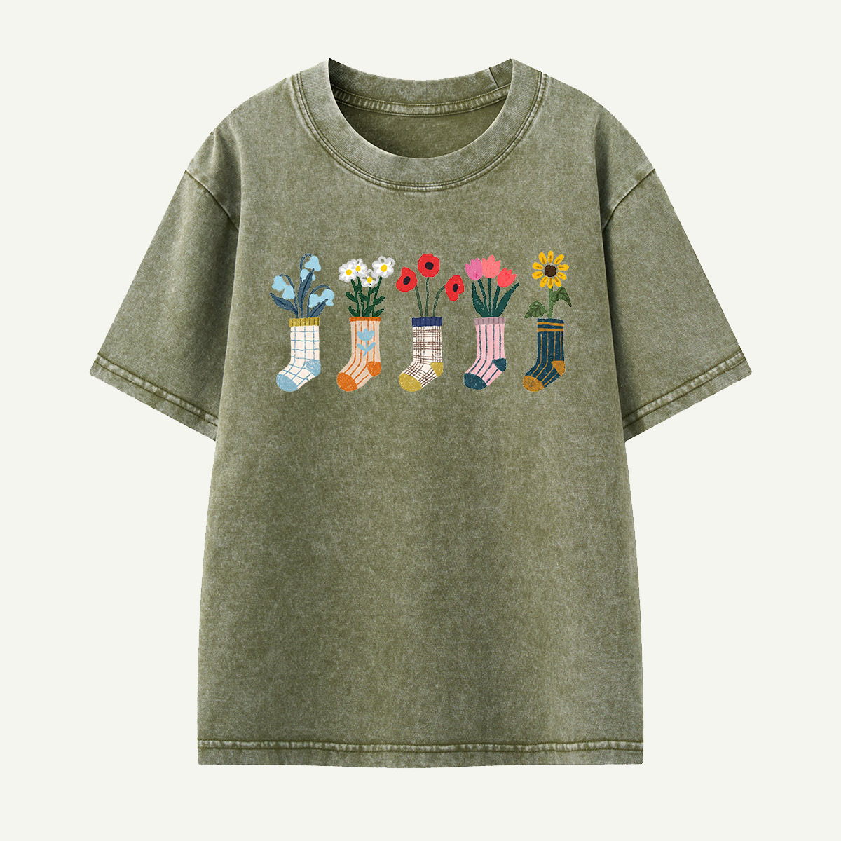 Sock Flower Garden Mint Kids Washed T-Shirt