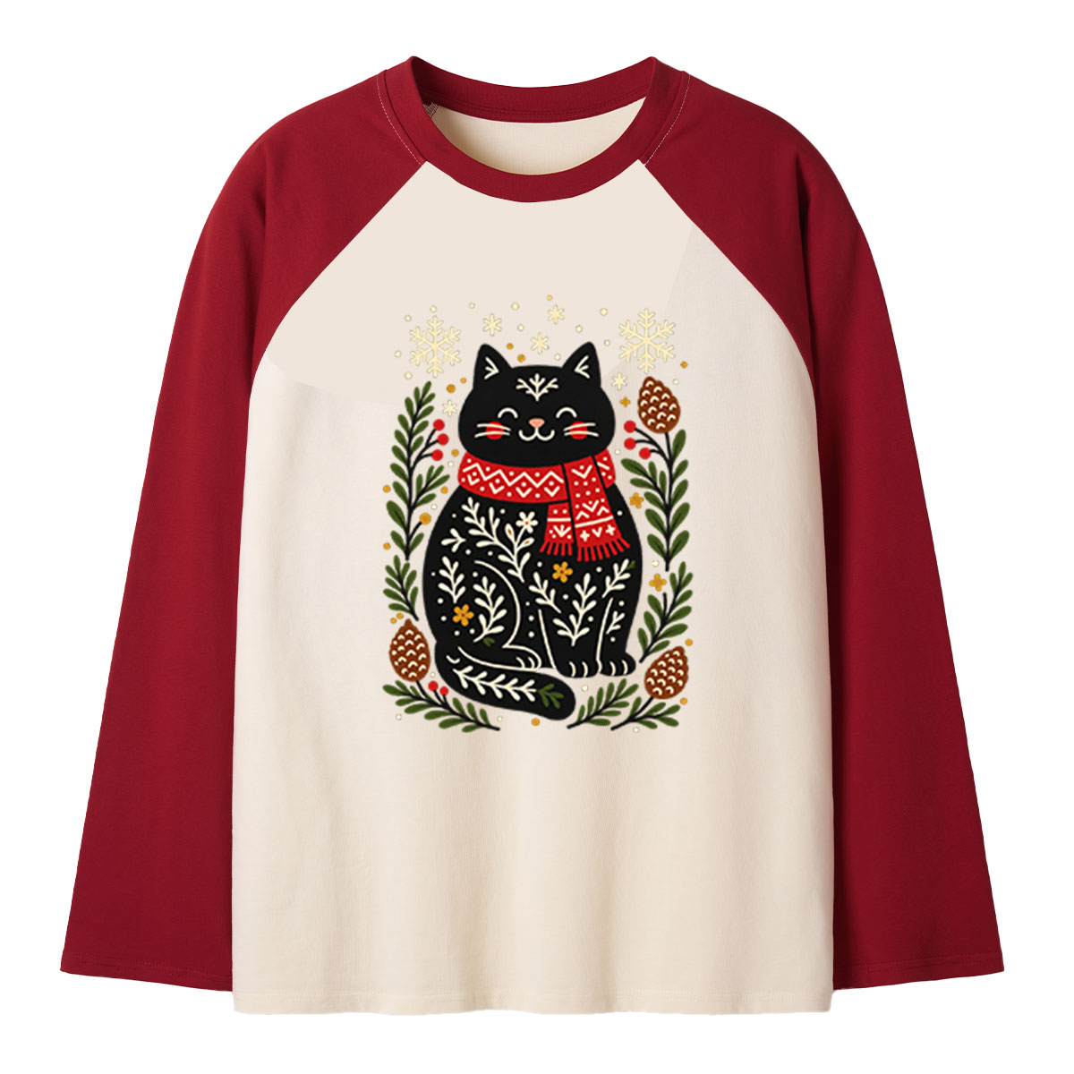 Christmas Black Cat Winter Scarf Woodland Botanical Raglan Long Sleeves