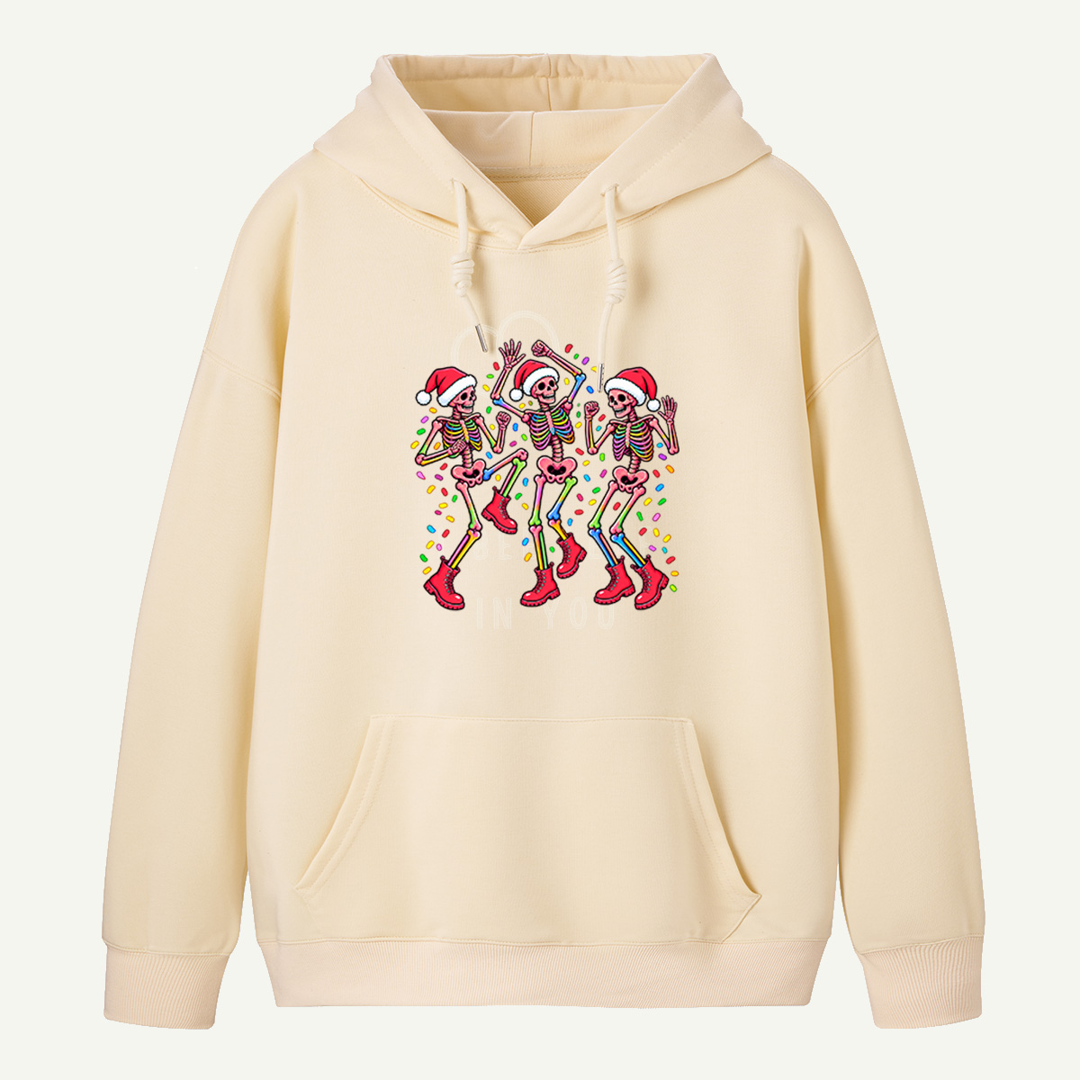 Three Dancing Christmas Skeletons With Santa Hats And Pink Boots Hoodie