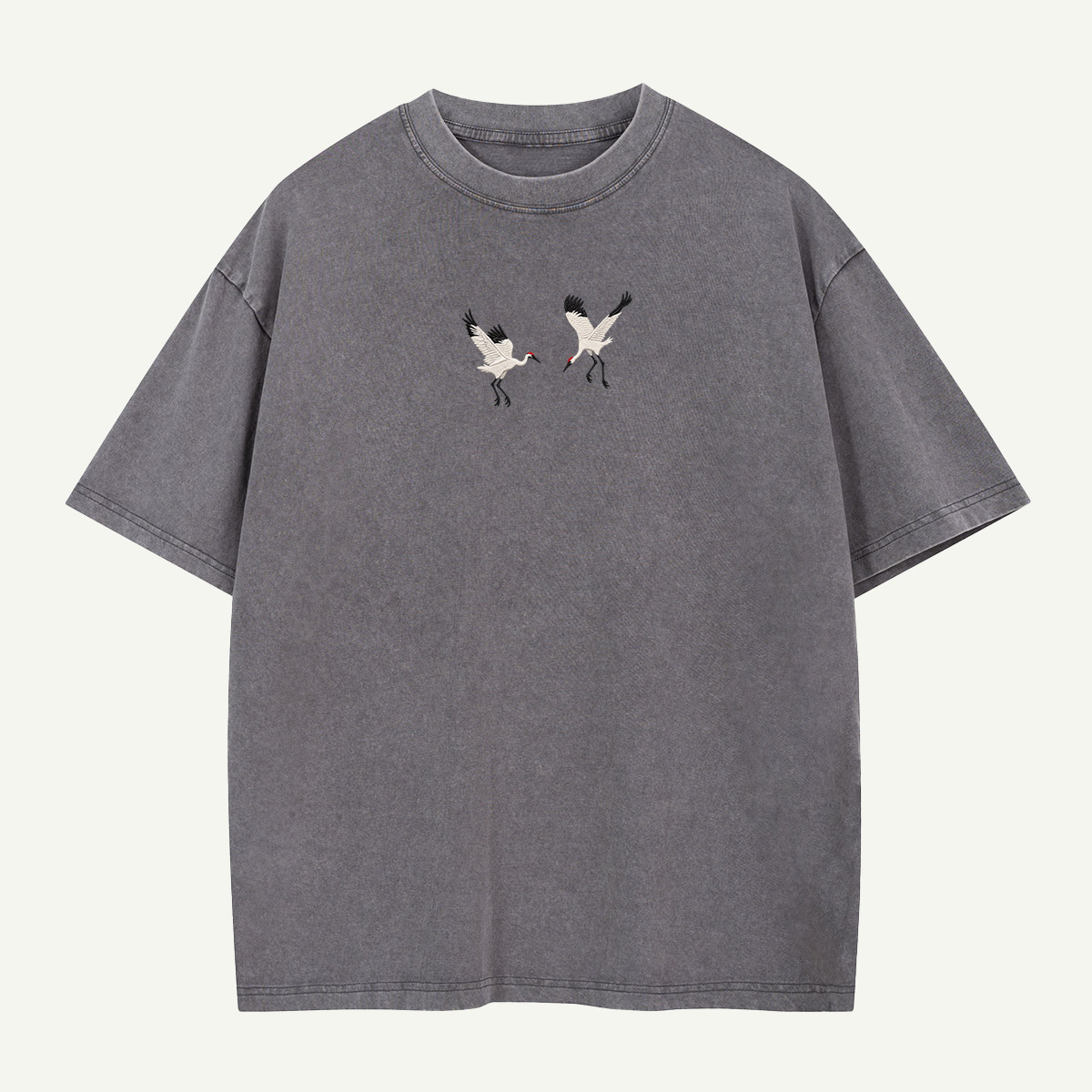Graceful Dancing Cranes Embroidered Washed T-Shirt