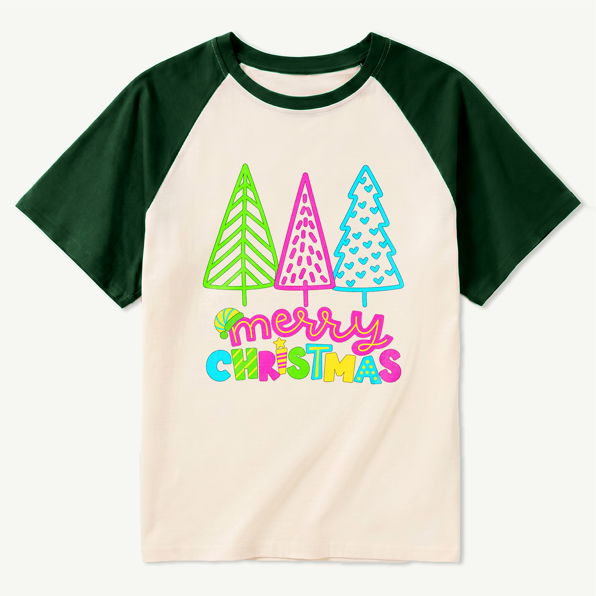 Merry Christmas Three Colorful Neon Trees Raglan T-Shirt