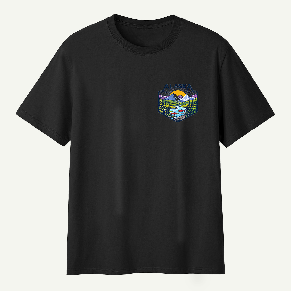 Alaska Mountain River Salmon Wilderness Badge T-Shirt