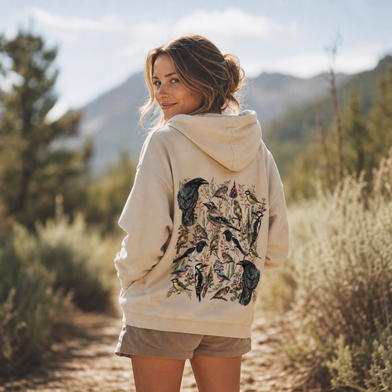 Vintage Wild Birds Botanical  Washed Hoodie