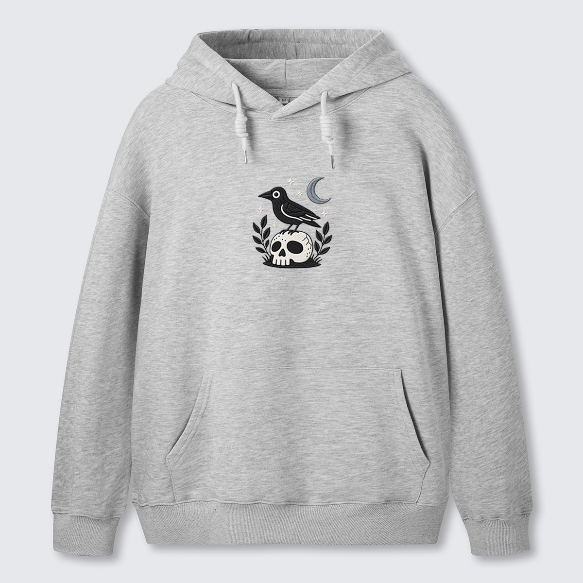 Moon Raven Floral Emblem Embroidered Cotton Hoodie