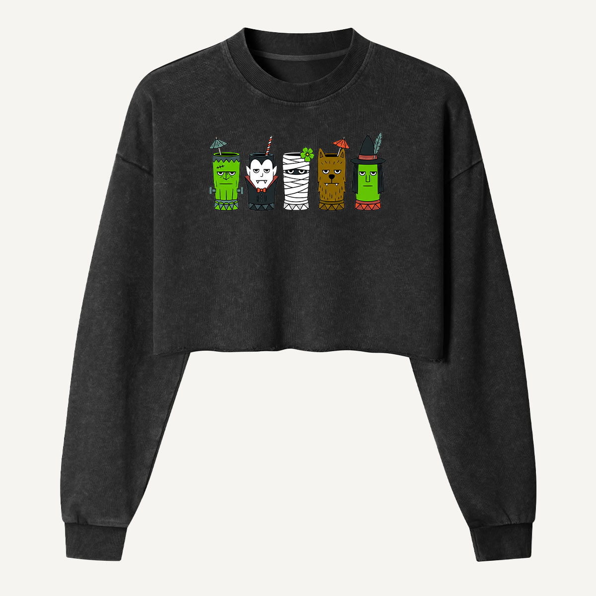 Trick Or Treat Classic Monsters Women's Washed Cropped Sweatshirt