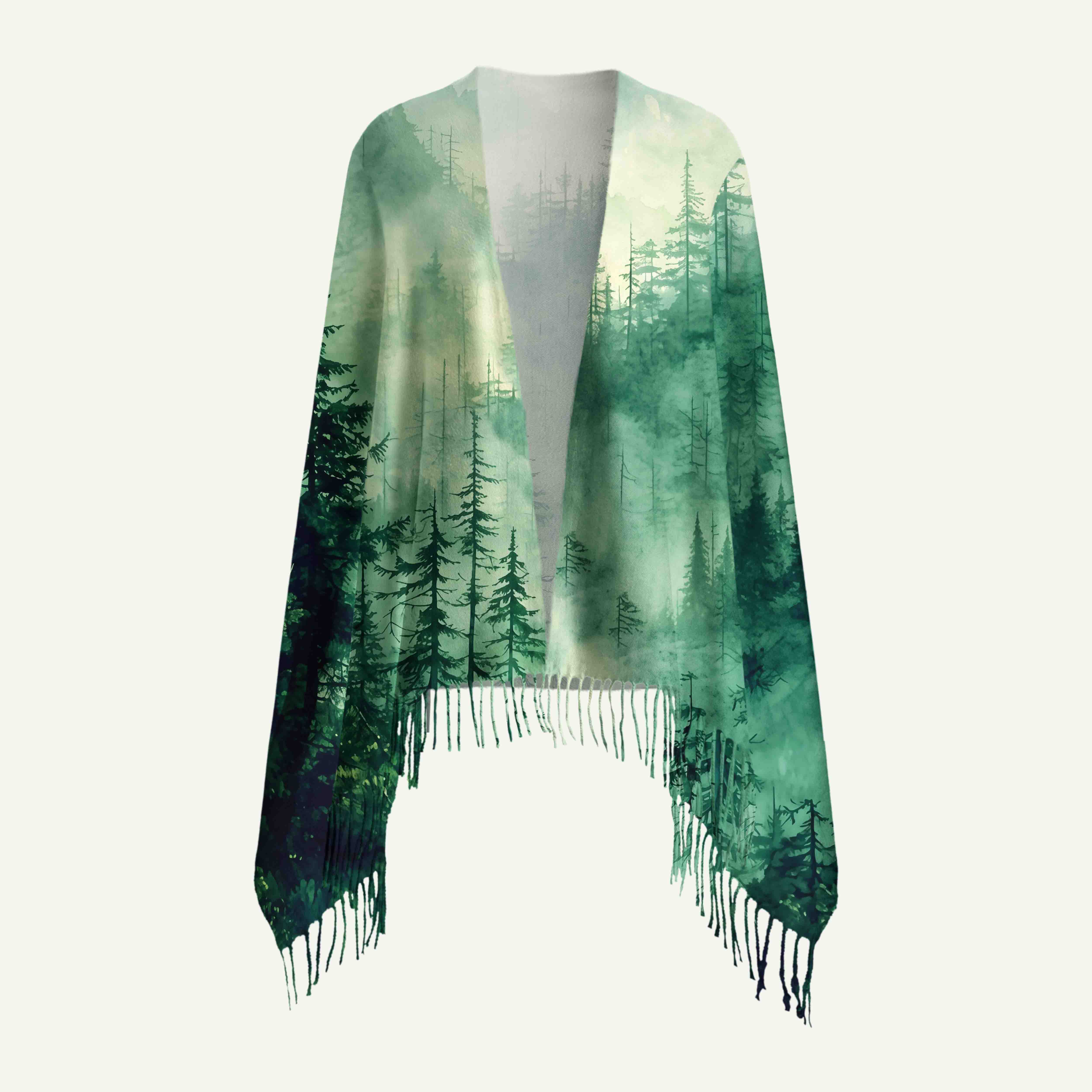 Misty Pine Forest Long Cashmere Scarf with Tassels