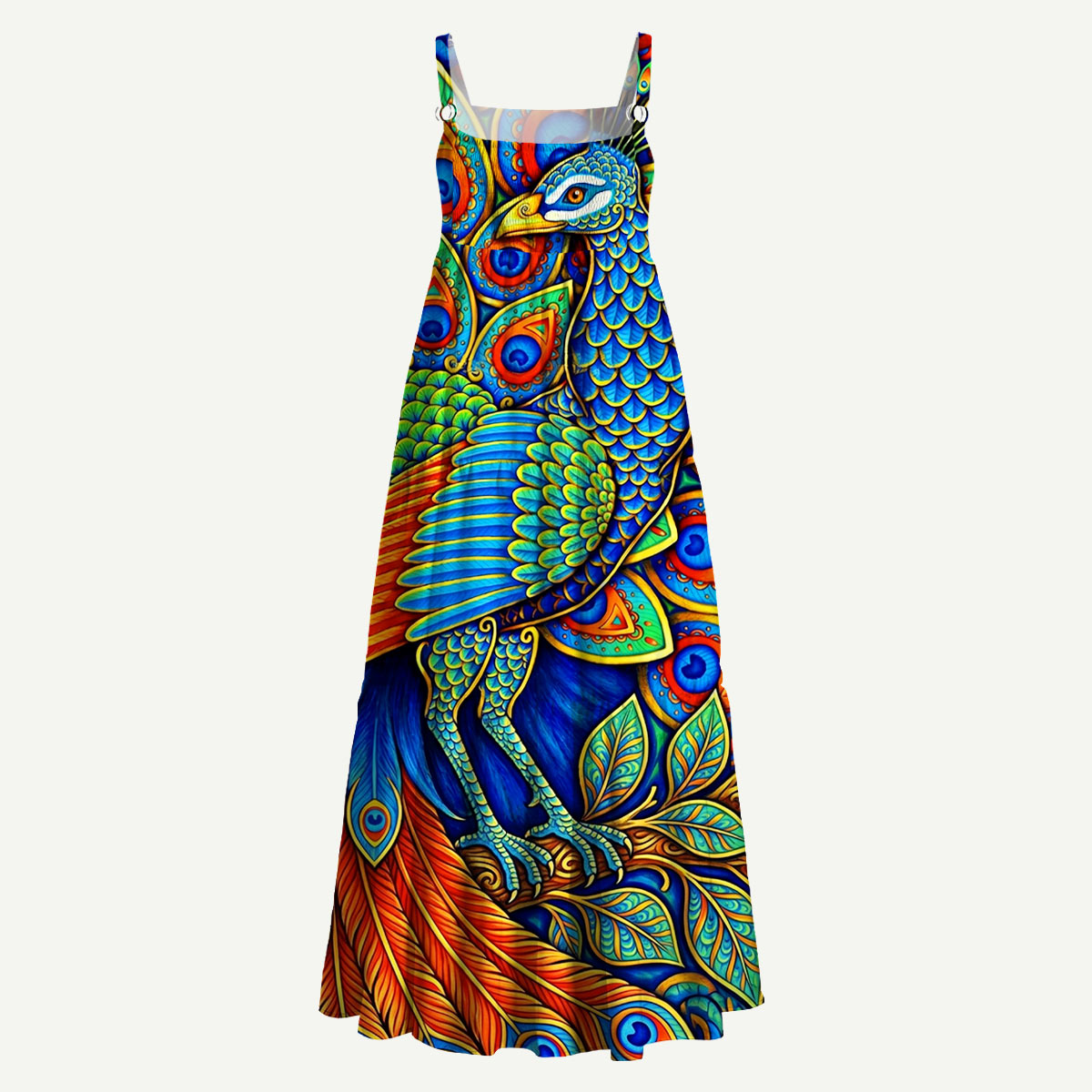 Paisley Peacock Rainbow Bird Straps Maxi Dress With Pocket