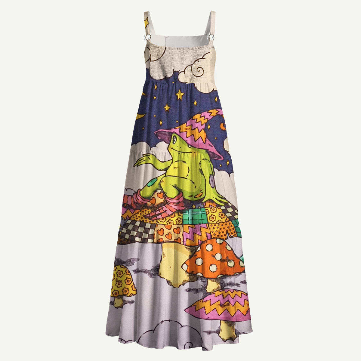 Whimsical Frog and Mushroom Straps Maxi Dress With Pockets