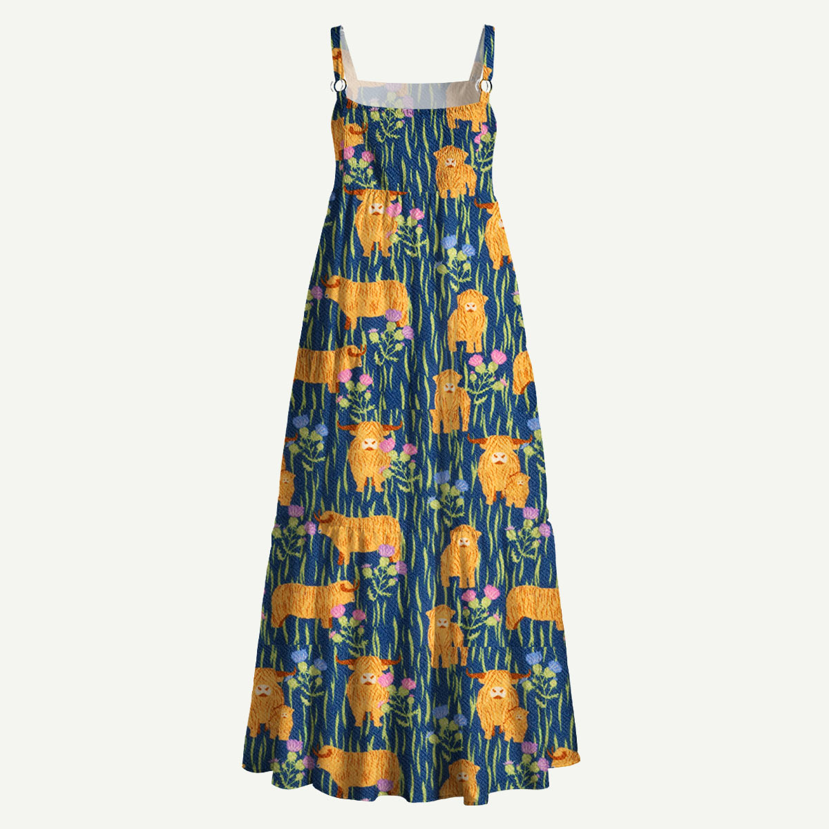 Highland Cow Meadow Story Straps Maxi Dress With Pockets