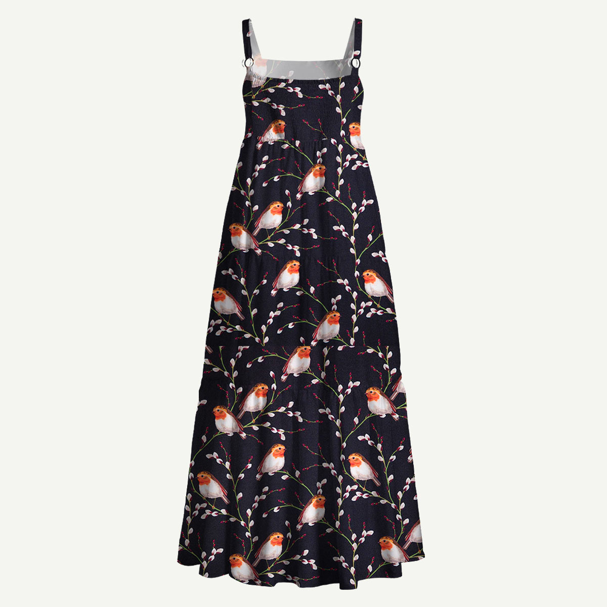 Midnight Robin Branch Straps Maxi Dress With Pockets