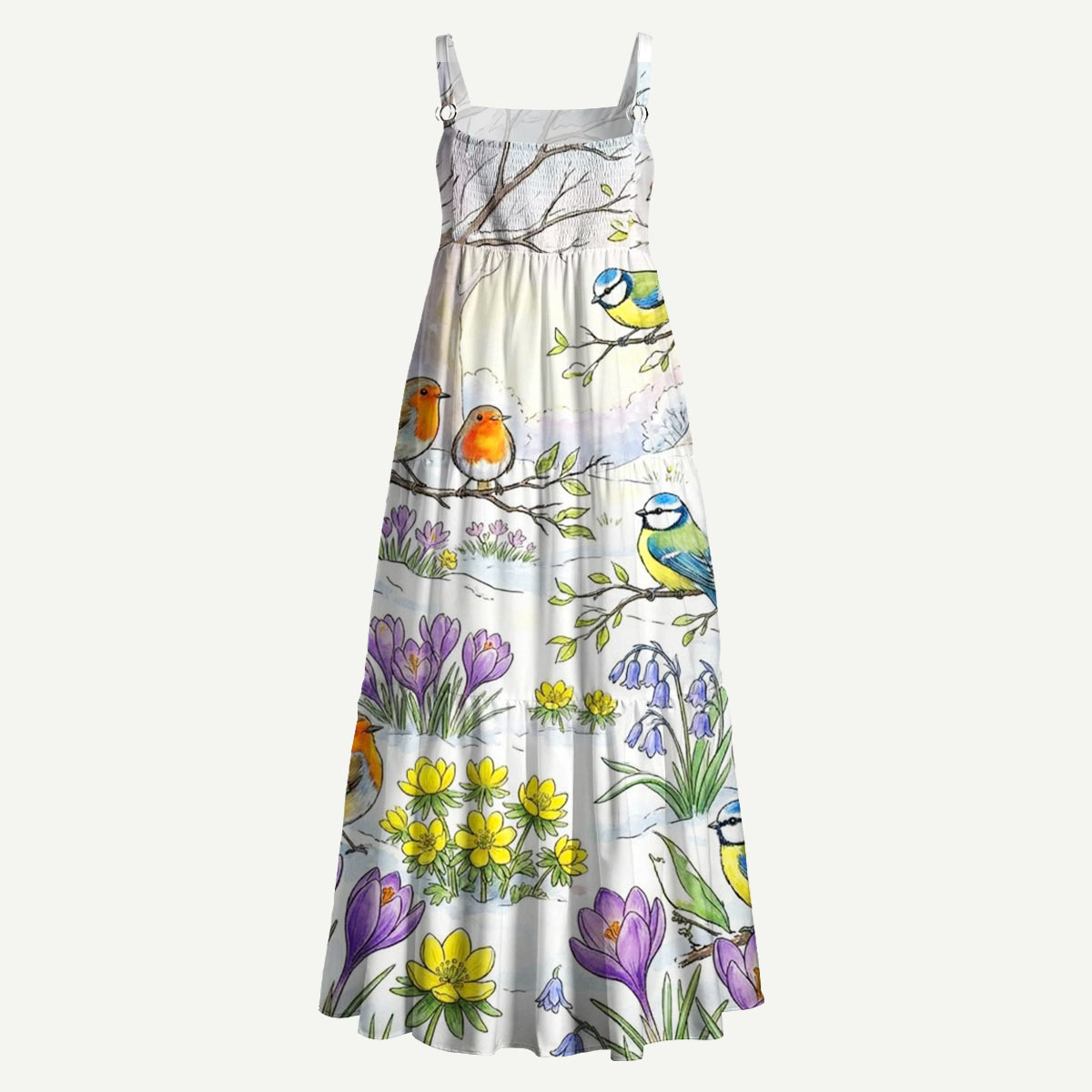 Spring Garden Birds and Floral Straps Maxi Dress With Pockets