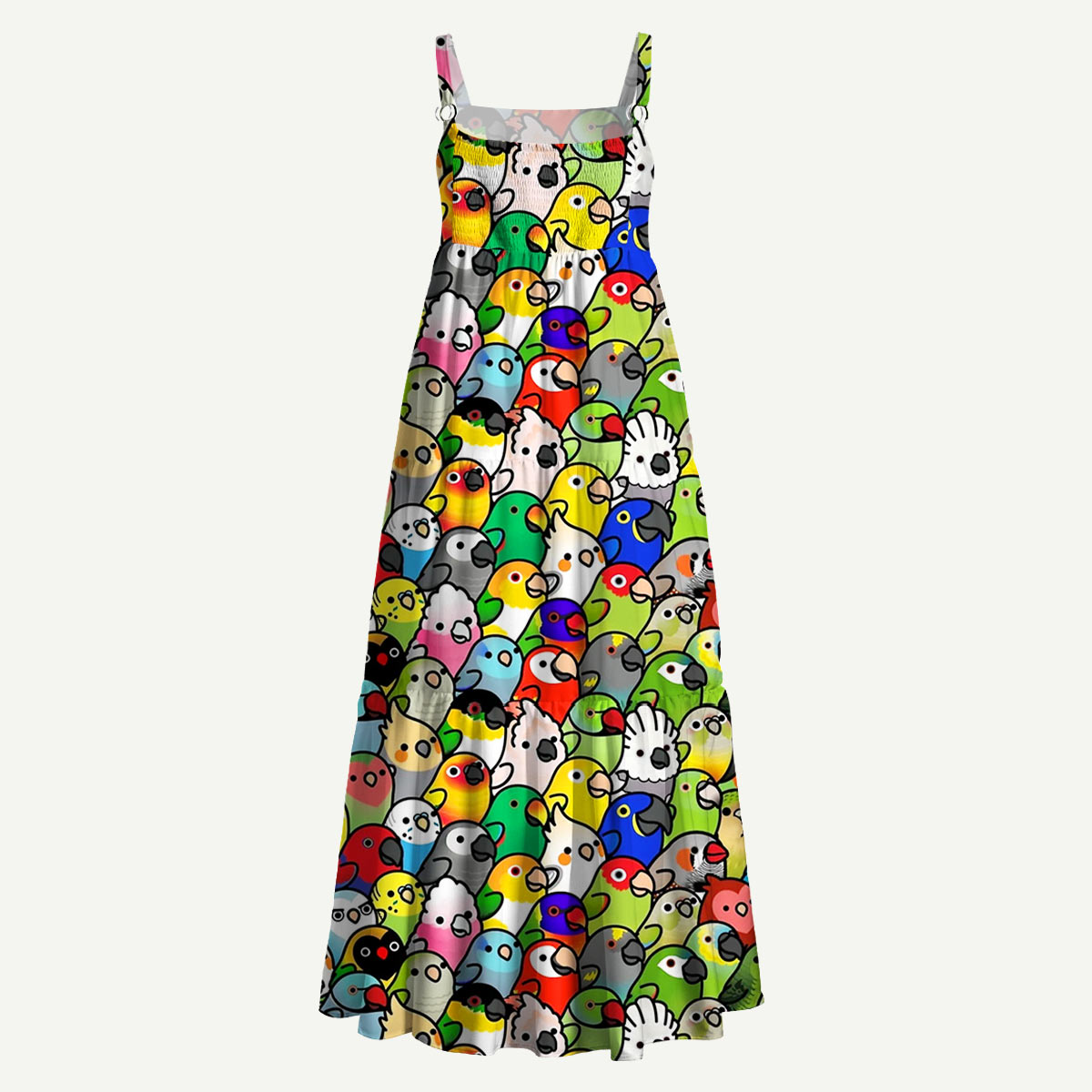 Playful Bird Crowd Straps Maxi Dress With Pockets