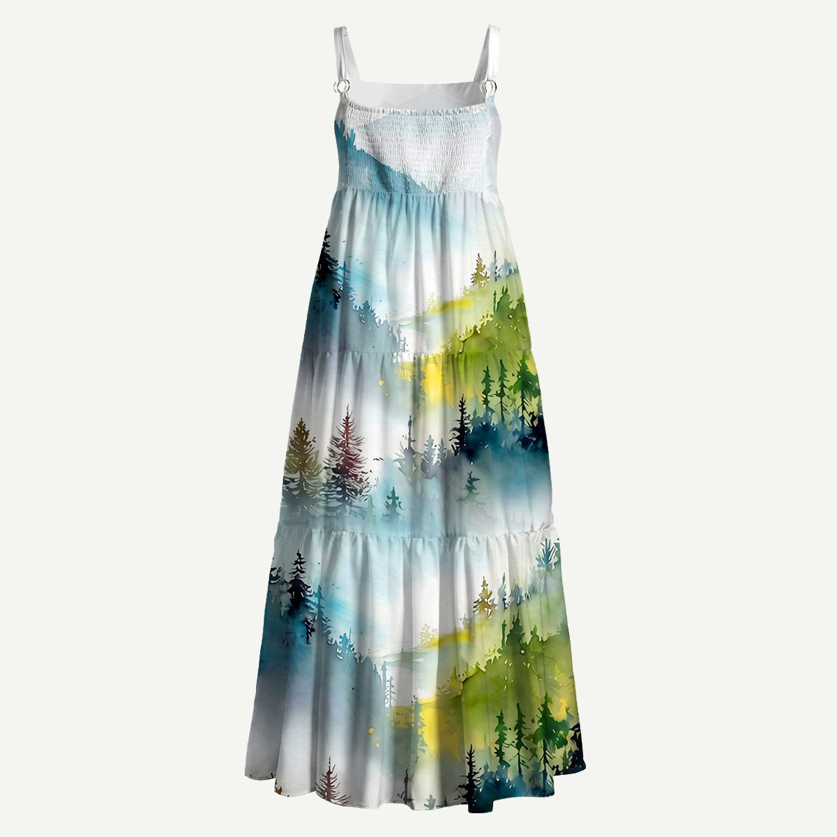 Watercolor Misty Mountain Forest Straps Maxi Dress With Pockets