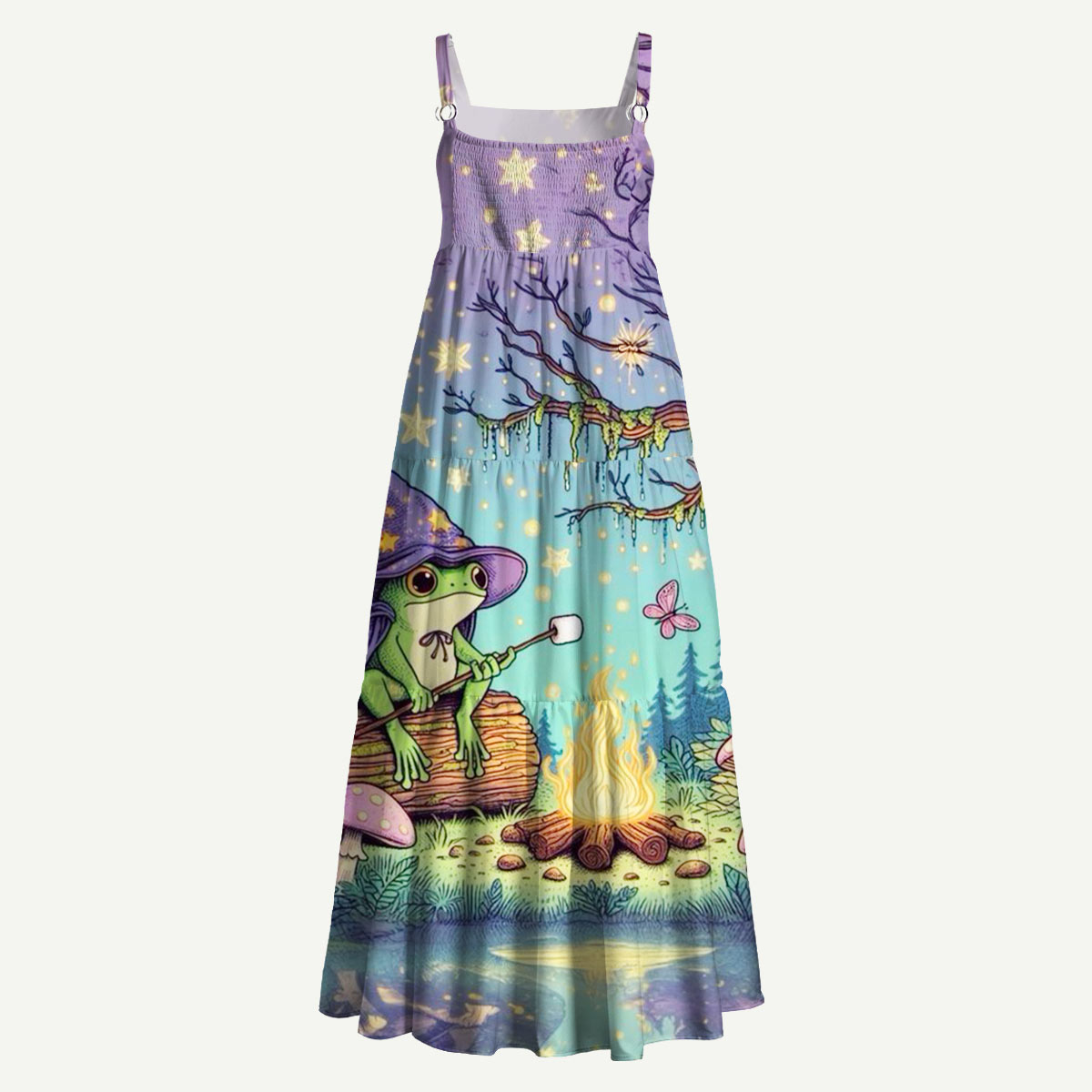 Whimsical Frog Campfire Straps Maxi Dress With Pockets