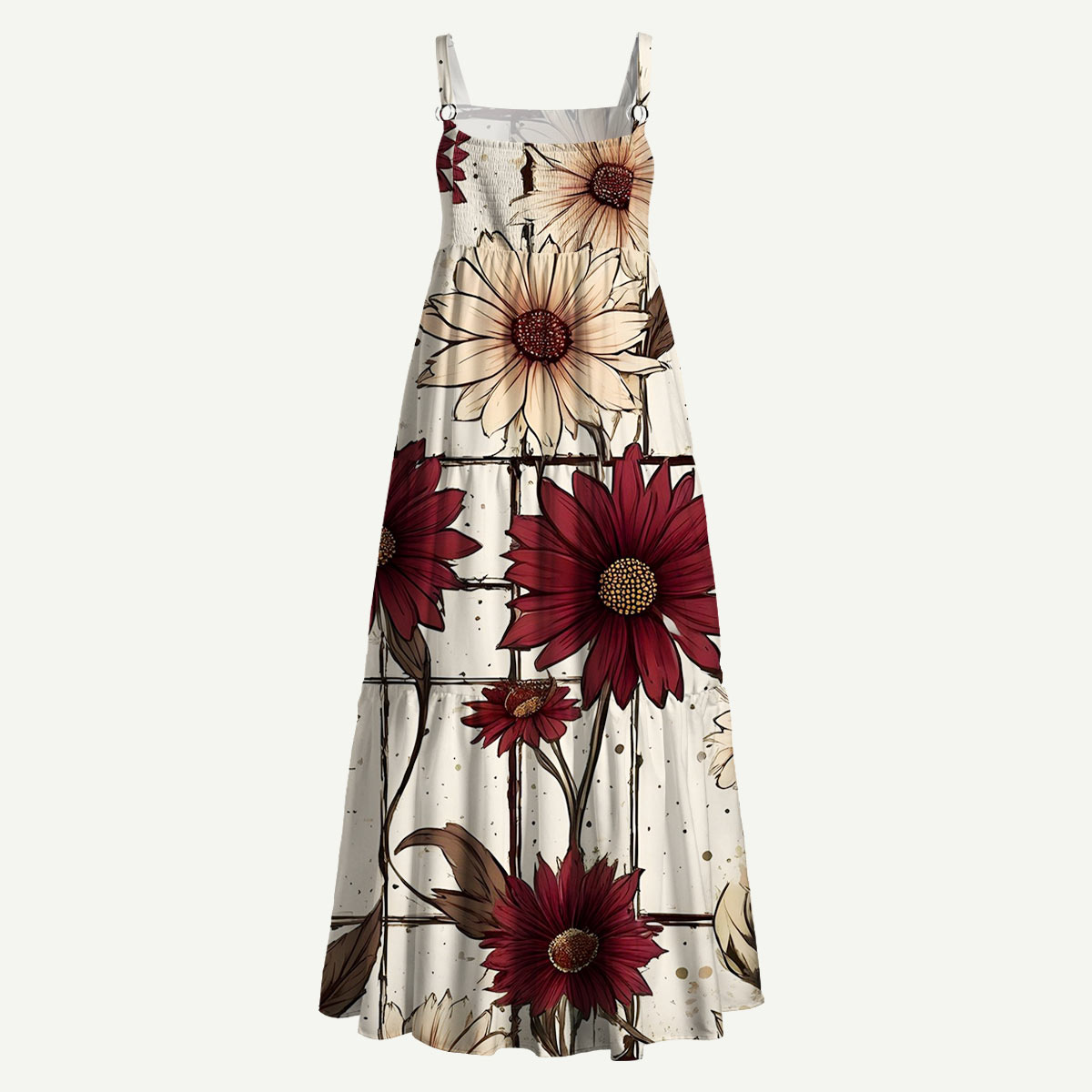 Vintage Crimson Daisy Straps Maxi Dress With Pockets