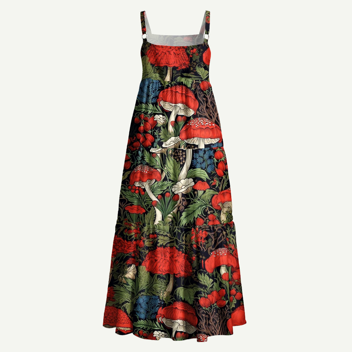 Red Mushroom and Woodland Botanical Straps Maxi Dress