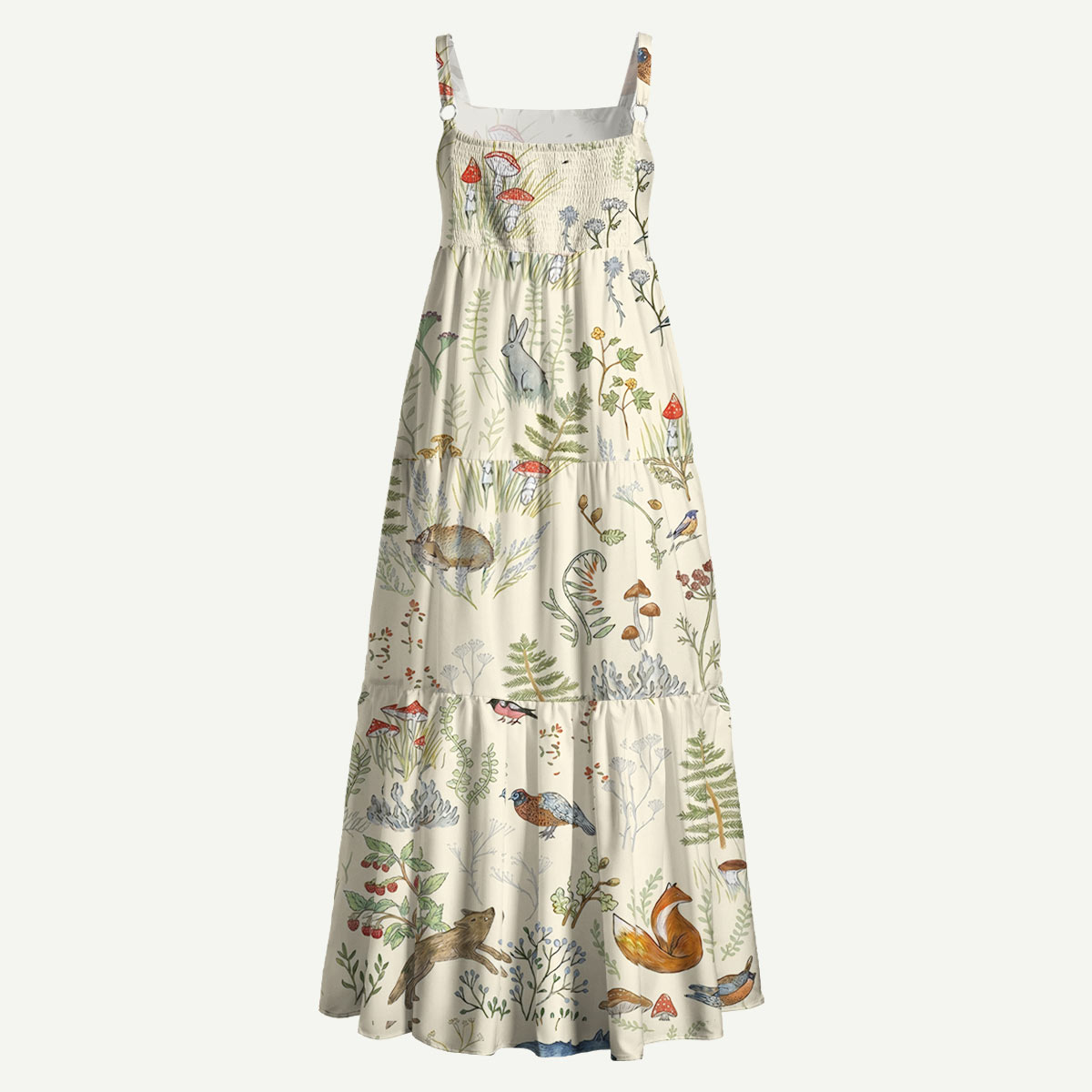 Woodland Animals and Mushrooms Straps Maxi Dress With Pockets