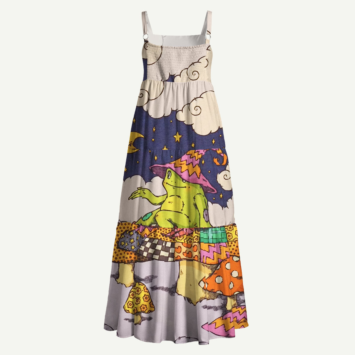 Whimsical Frog and Mushroom Straps Maxi Dress With Pockets