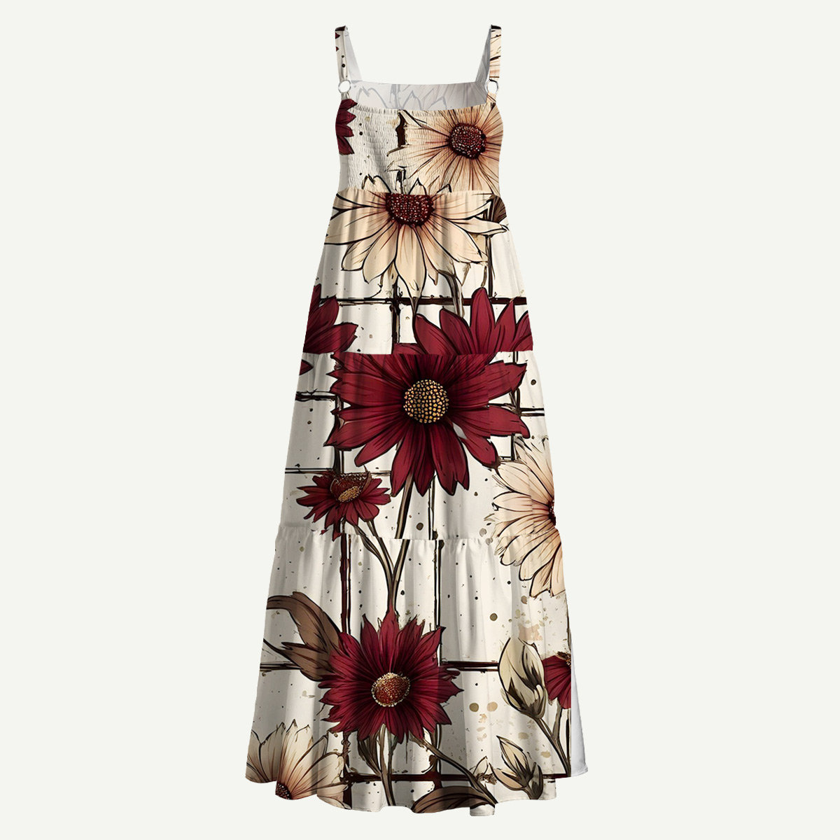 Vintage Crimson Daisy Straps Maxi Dress With Pockets