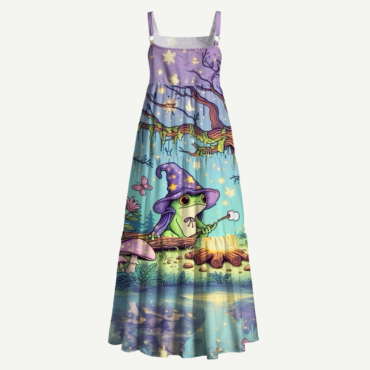 Whimsical Frog Campfire Straps Maxi Dress With Pockets