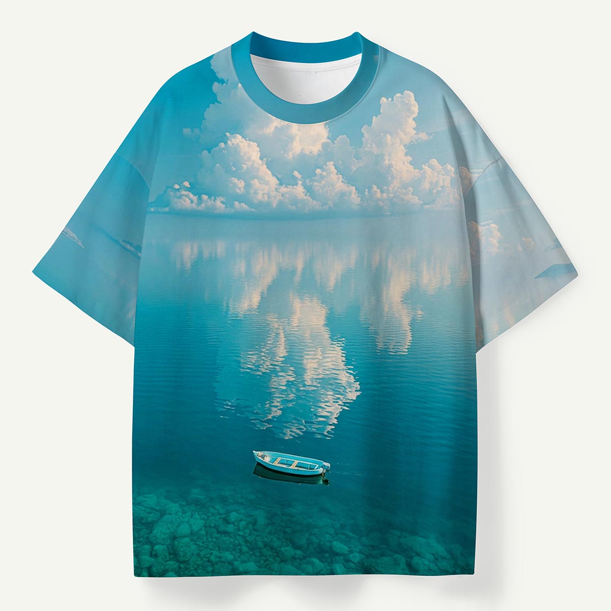 Boat on Calm Lake with Cloud Reflection Premium Eco Tee