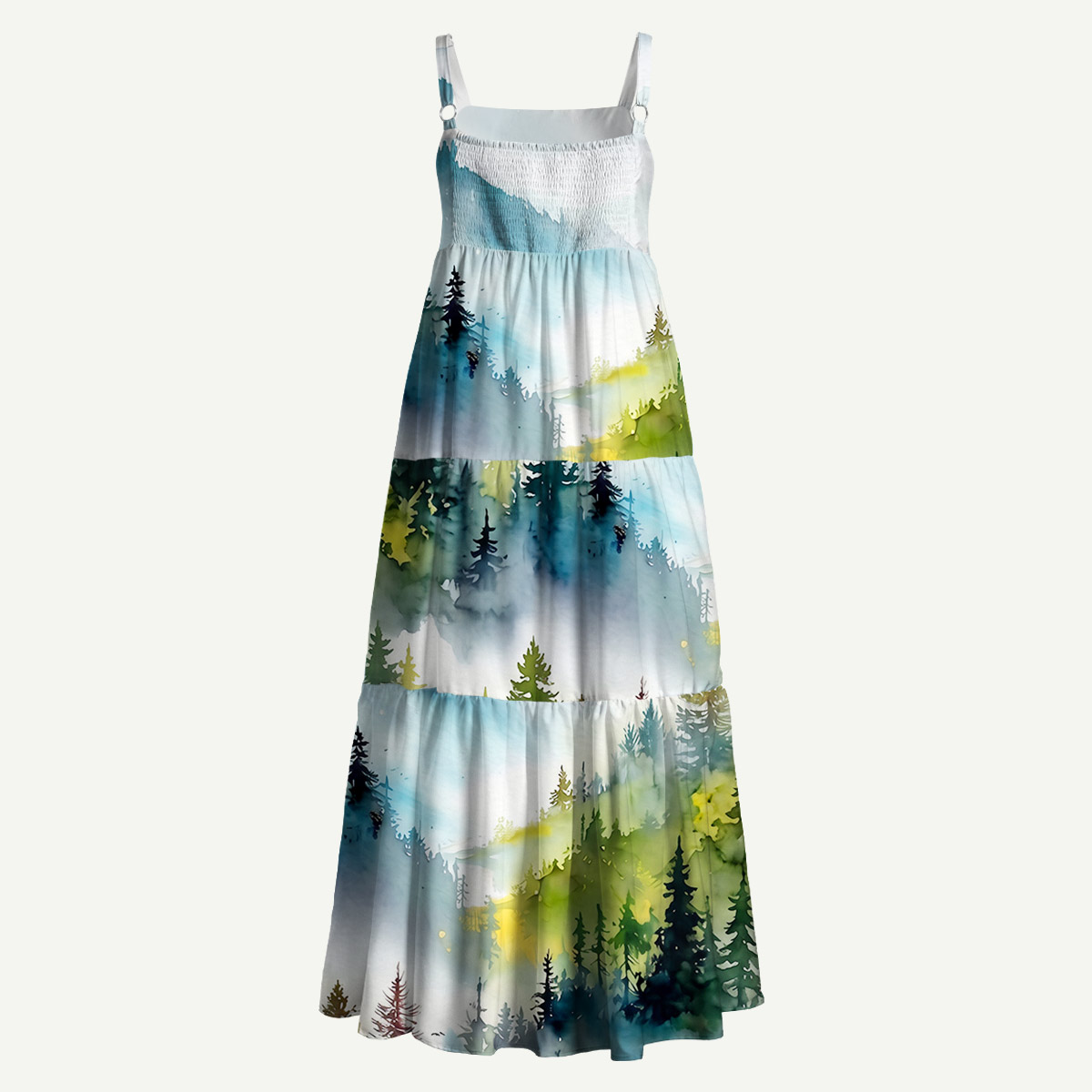Watercolor Misty Mountain Forest Straps Maxi Dress With Pockets