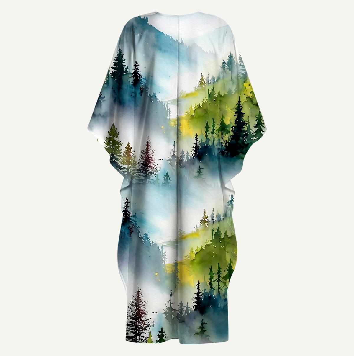 Watercolor Misty Mountain Forest Sleeve Kaftan Dress