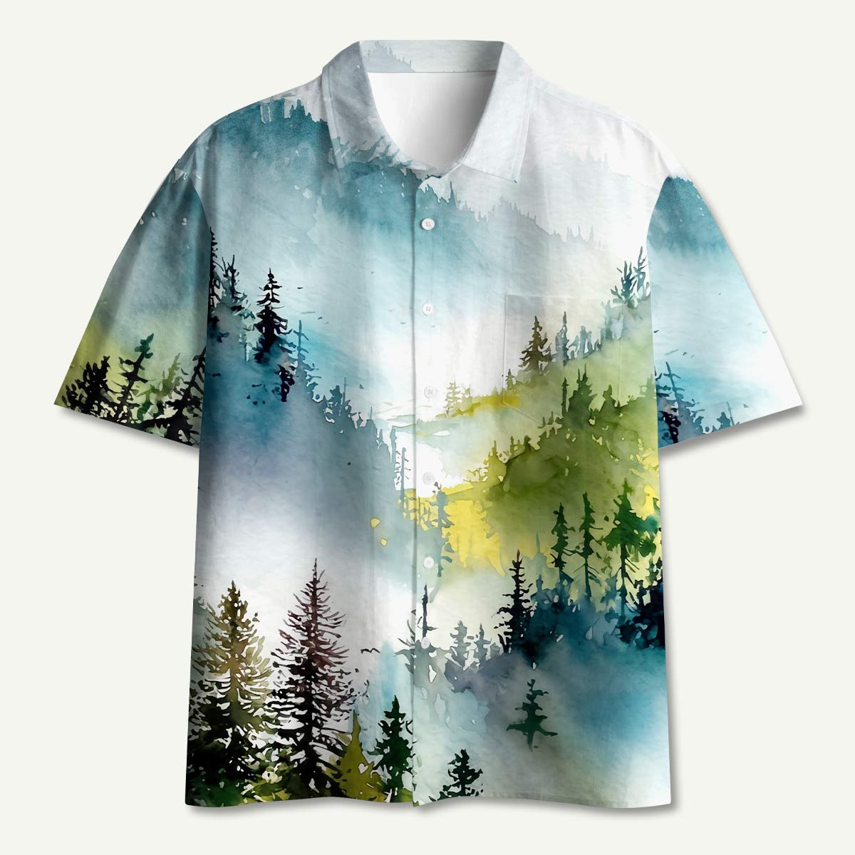 Watercolor Misty Mountain Forest Hawaii Button Up Pocket Shirt
