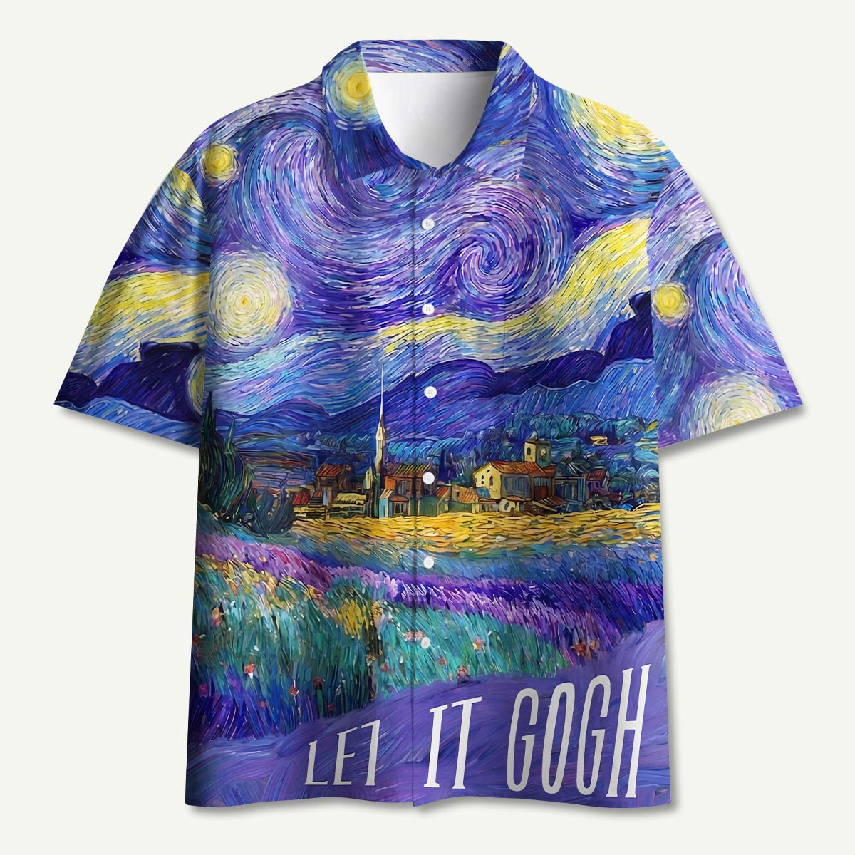 Swirling Night Sky Village Landscape Hawaii Button Up Pocket Shirt
