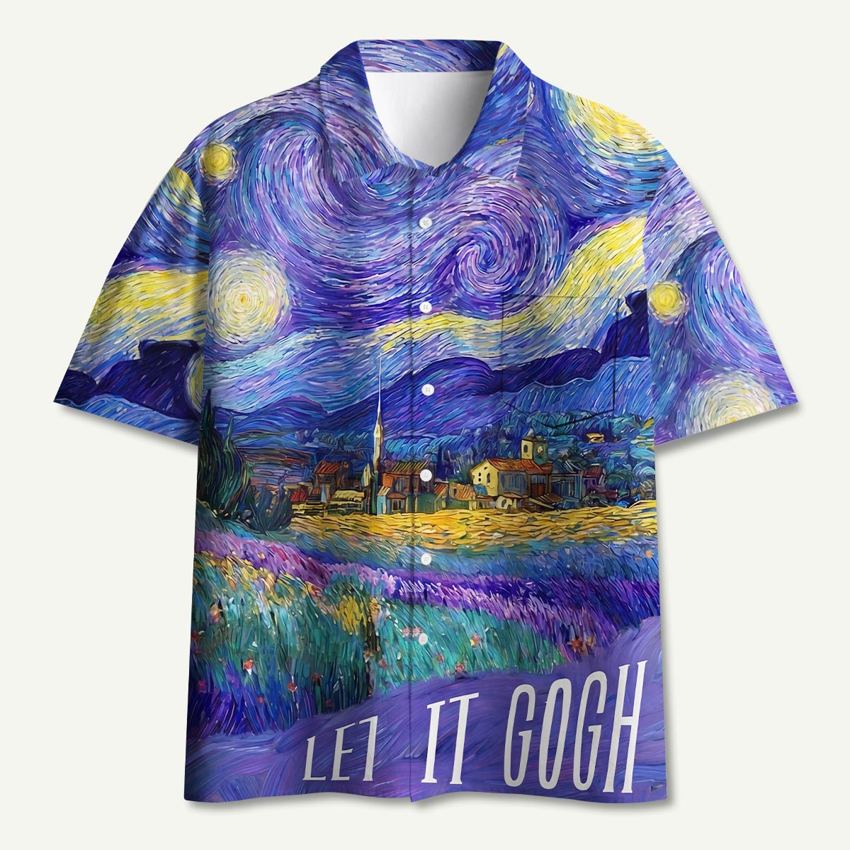 Swirling Night Sky Village Landscape Hawaii Button Up Pocket Shirt