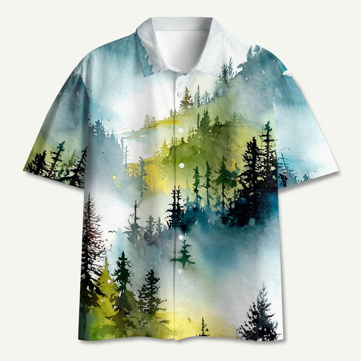 Watercolor Misty Mountain Forest Hawaii Button Up Pocket Shirt