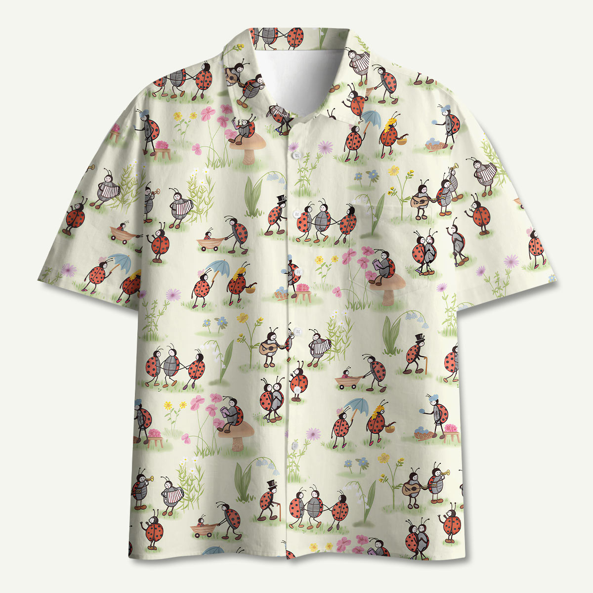 Ladybug and Flower Hawaii Button Up Pocket Shirt