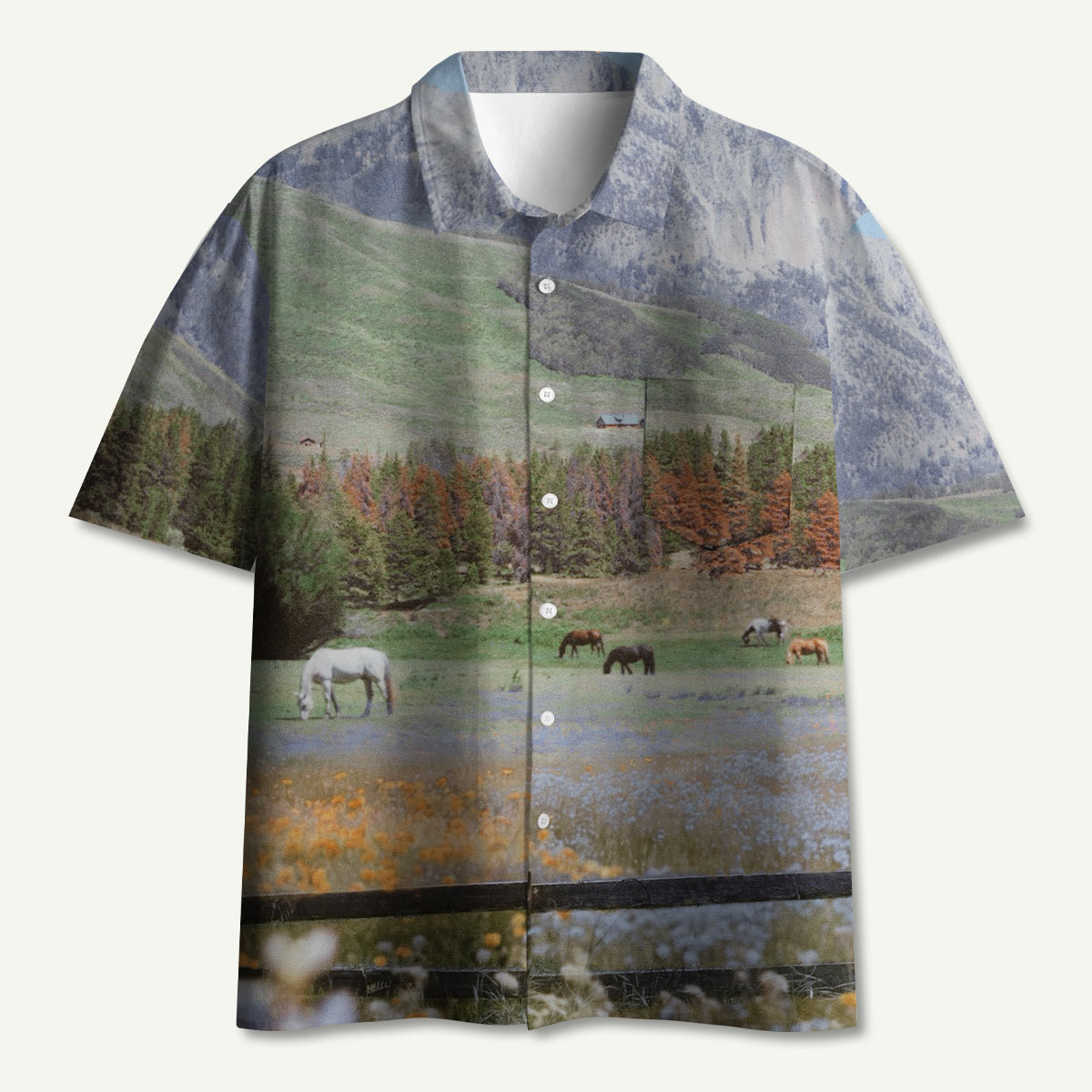 Mountain Meadow Wild Horse Landscape Hawaii Button Up Pocket Shirt